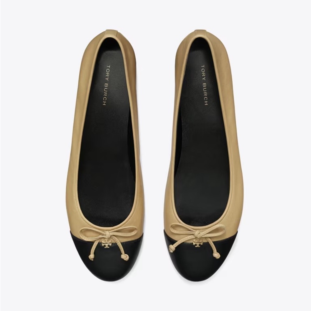 Tory Burch Black and Tan Flats with Bow Detail